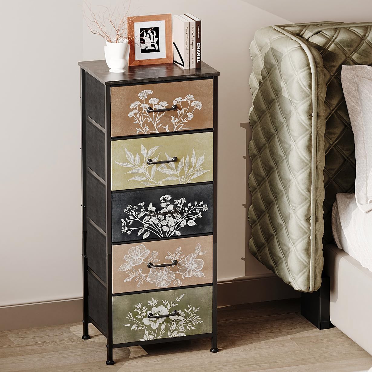 Vintage Botanical Nightstand – Farmhouse Storage Cabinet with Fabric Drawers