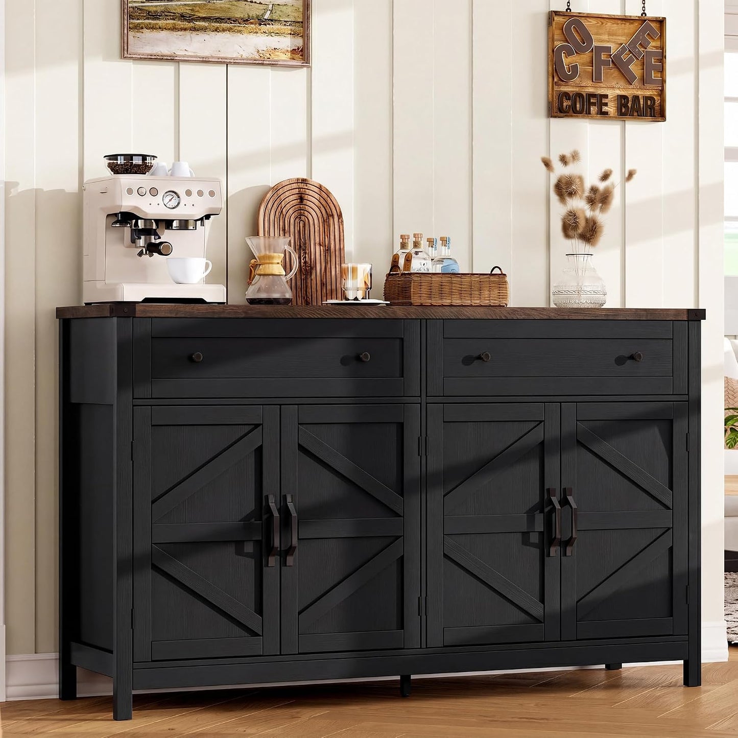 Farmhouse Sideboard Buffet Cabinet with Storage – Rustic Console & Coffee Bar