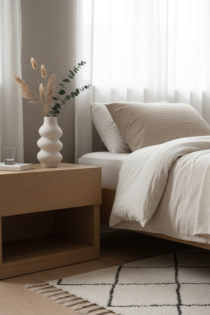 Serene Curve Ceramic Vase in bedroom lifestyle setting