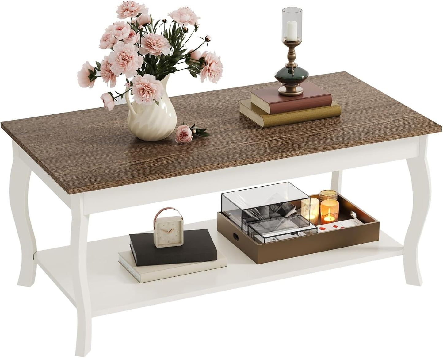 Rustic Farmhouse Coffee Table with 2-Tier Storage Shelf – A-Frame Living Room Center Table