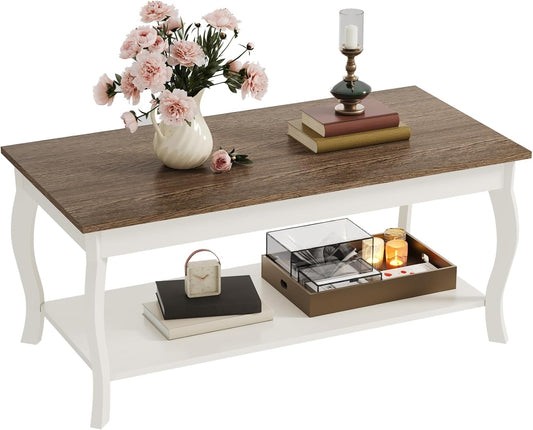 Rustic Farmhouse Coffee Table with 2-Tier Storage Shelf – A-Frame Living Room Center Table