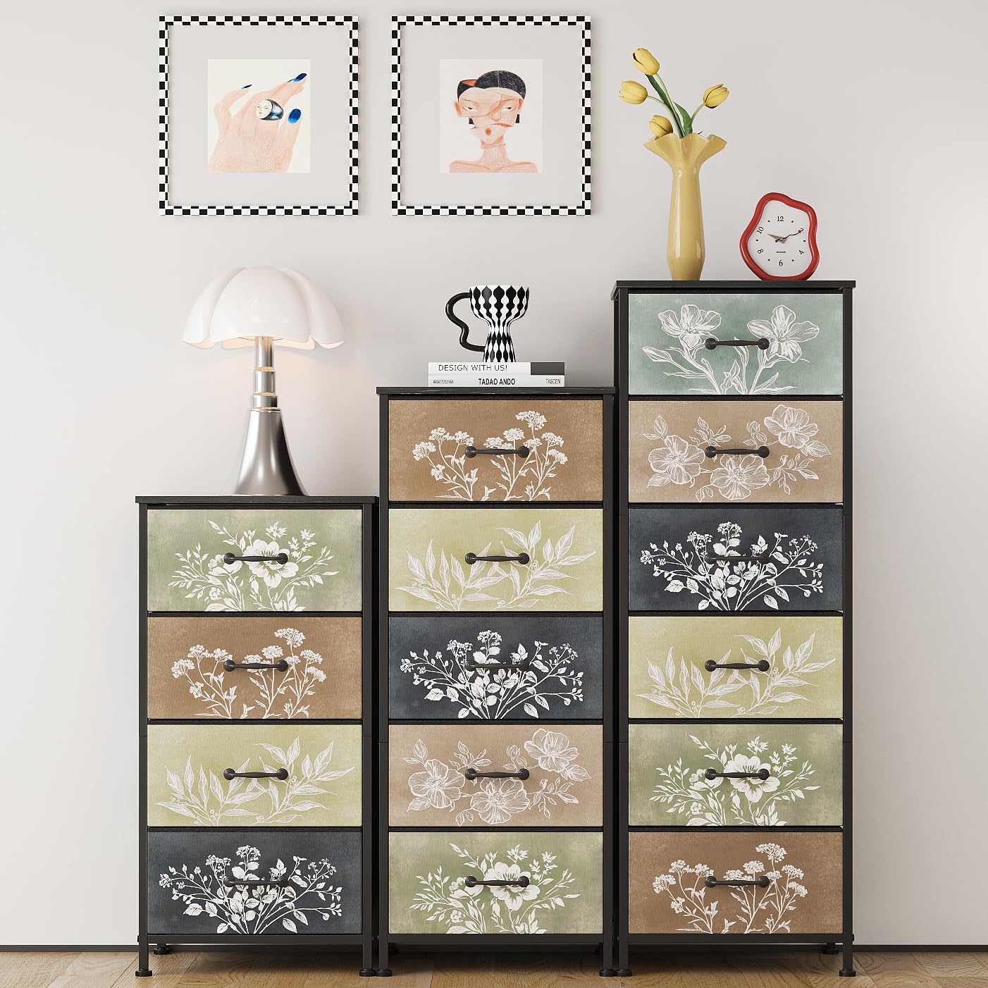 Vintage Botanical Nightstand – Farmhouse Storage Cabinet with Fabric Drawers
