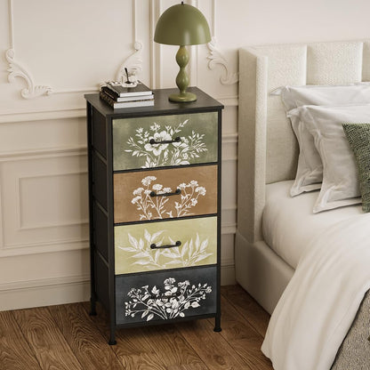Vintage Botanical Nightstand – Farmhouse Storage Cabinet with Fabric Drawers