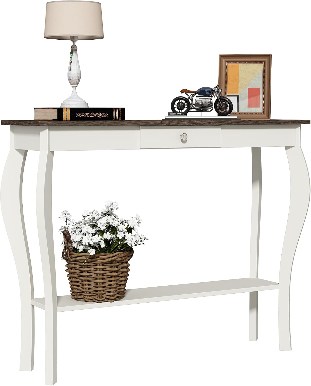Farmhouse Console Table with Drawer & Lower Shelf – Narrow Entryway Sofa Table