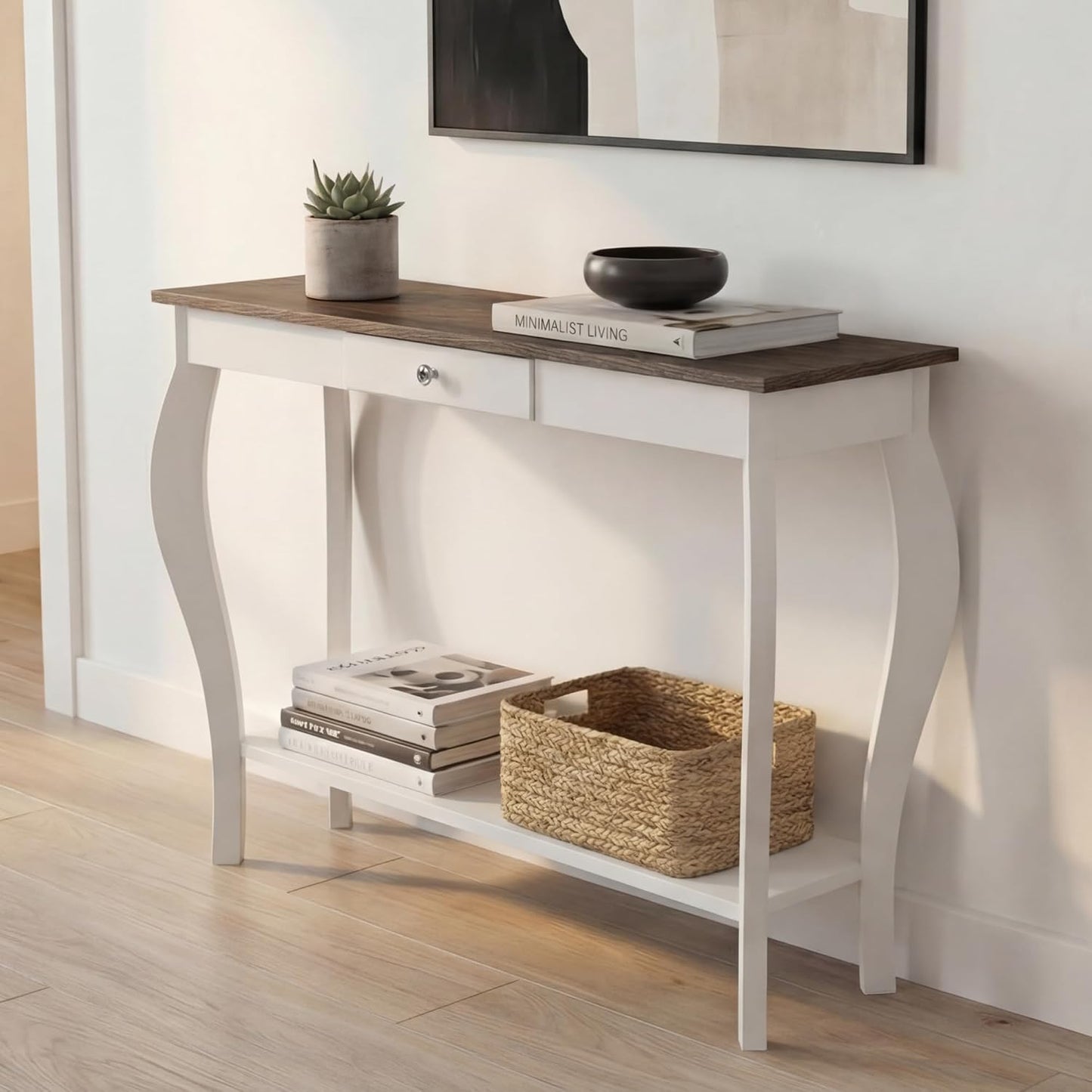 Farmhouse Console Table with Drawer & Lower Shelf – Narrow Entryway Sofa Table