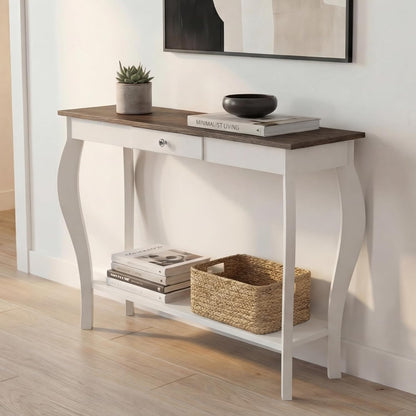 Farmhouse Console Table with Drawer & Lower Shelf – Narrow Entryway Sofa Table