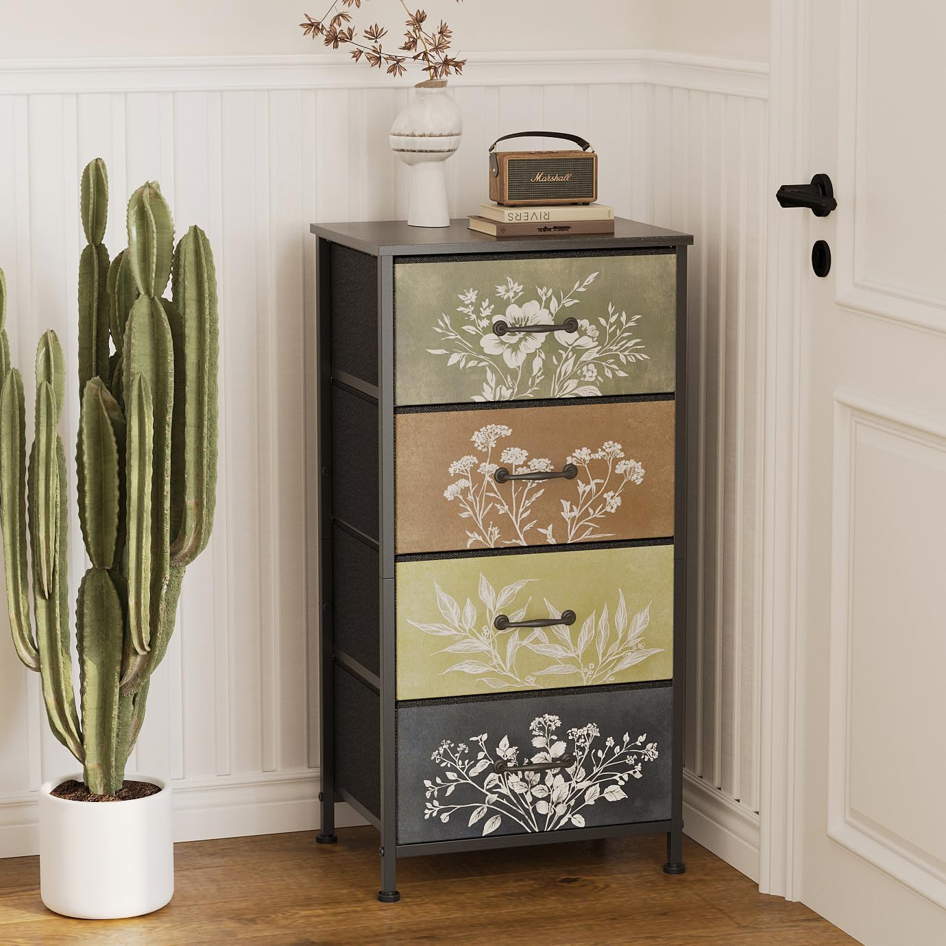 Vintage Botanical Nightstand – Farmhouse Storage Cabinet with Fabric Drawers