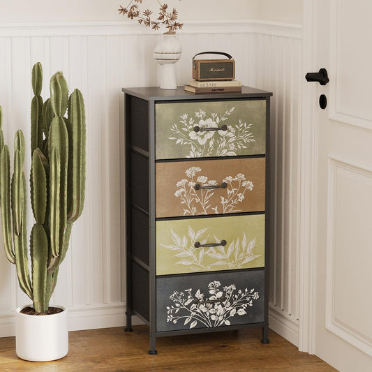 Vintage Botanical Nightstand – Farmhouse Storage Cabinet with Fabric Drawers