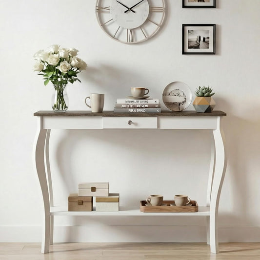 Farmhouse Console Table with Drawer & Lower Shelf – Narrow Entryway Sofa Table