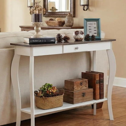 Farmhouse Console Table with Drawer & Lower Shelf – Narrow Entryway Sofa Table