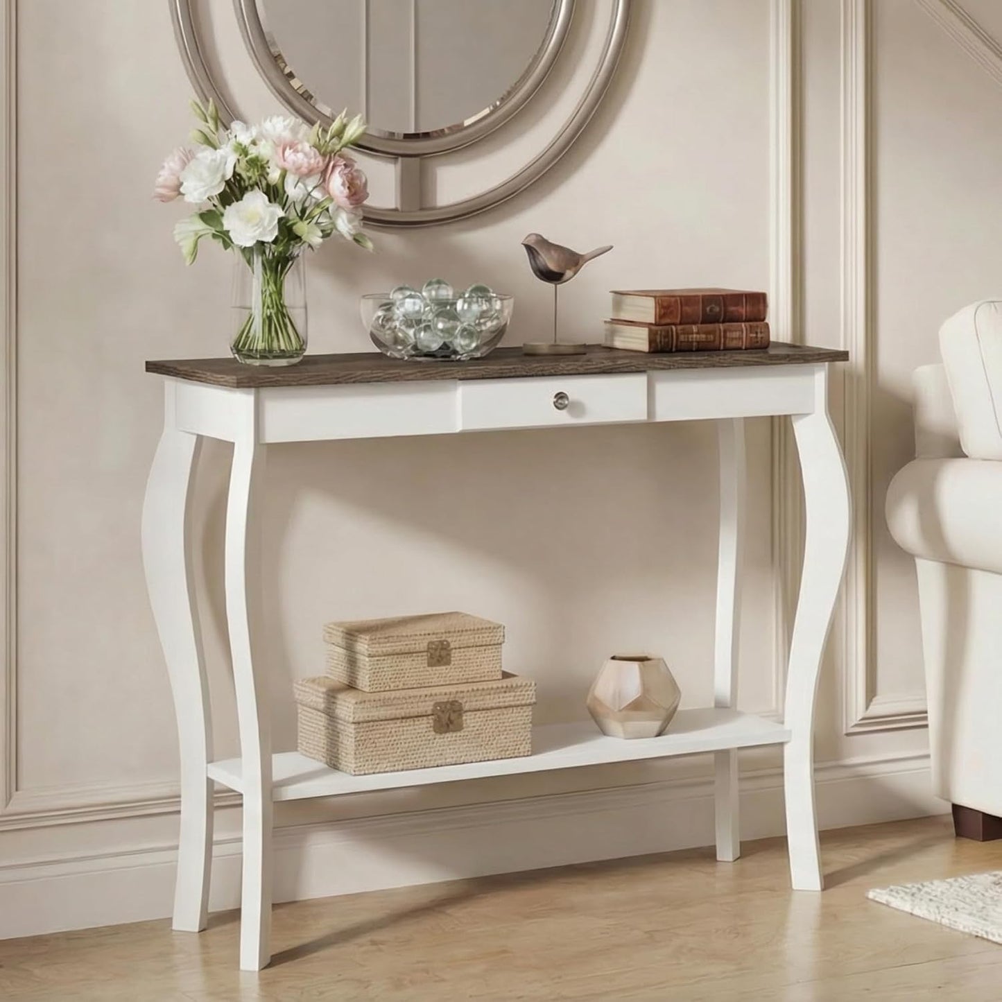 Farmhouse Console Table with Drawer & Lower Shelf – Narrow Entryway Sofa Table