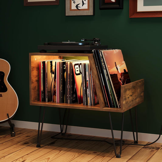 Modern Vinyl Record Player Stand with LED Lighting & Charging Station