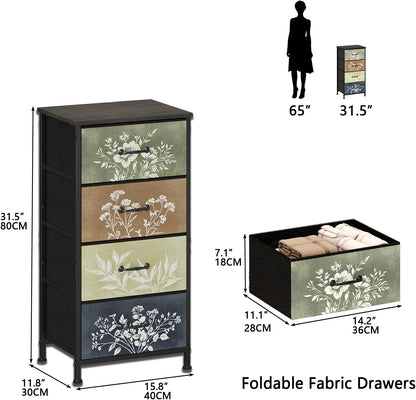 Vintage Botanical Nightstand – Farmhouse Storage Cabinet with Fabric Drawers