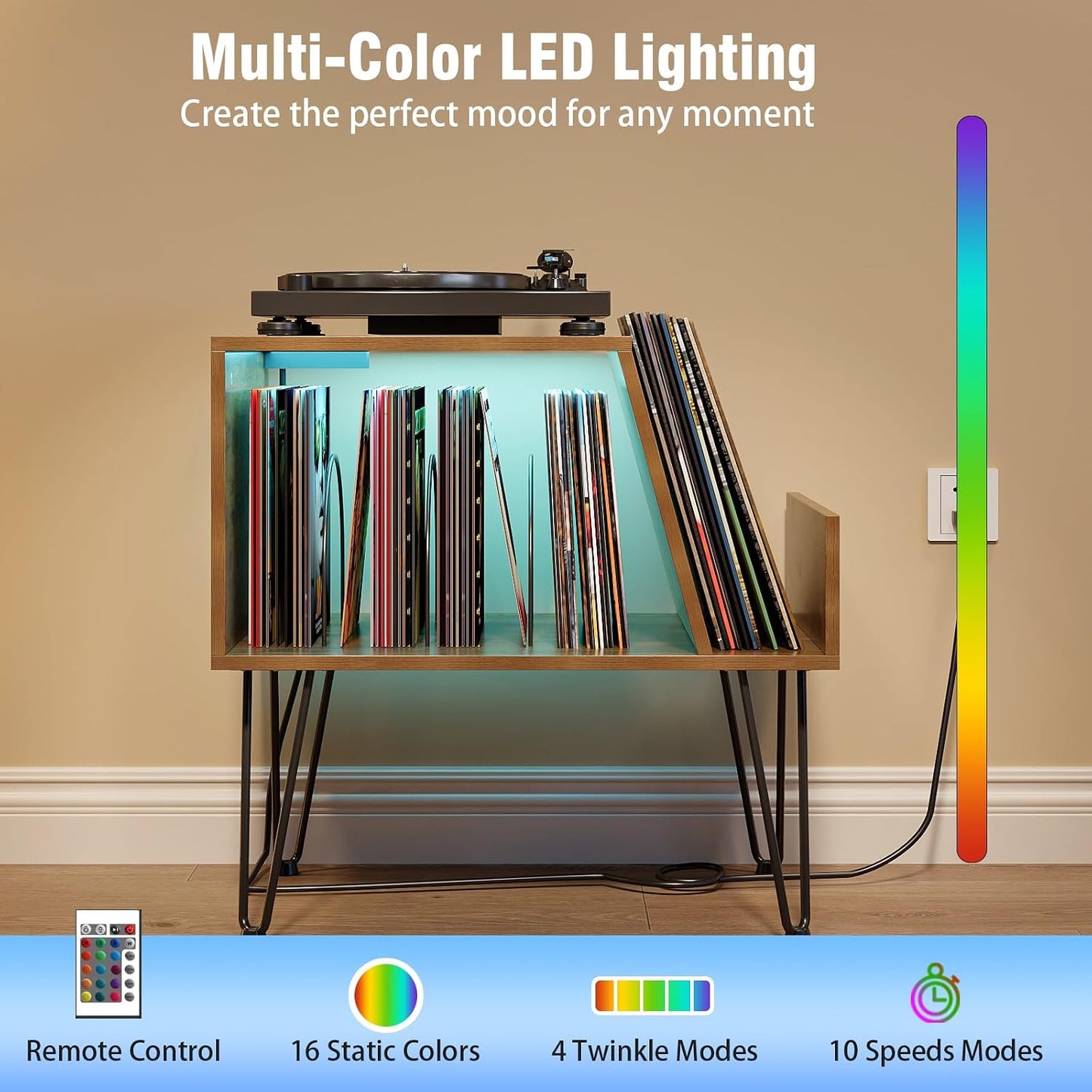 Modern Vinyl Record Player Stand with LED Lighting & Charging Station