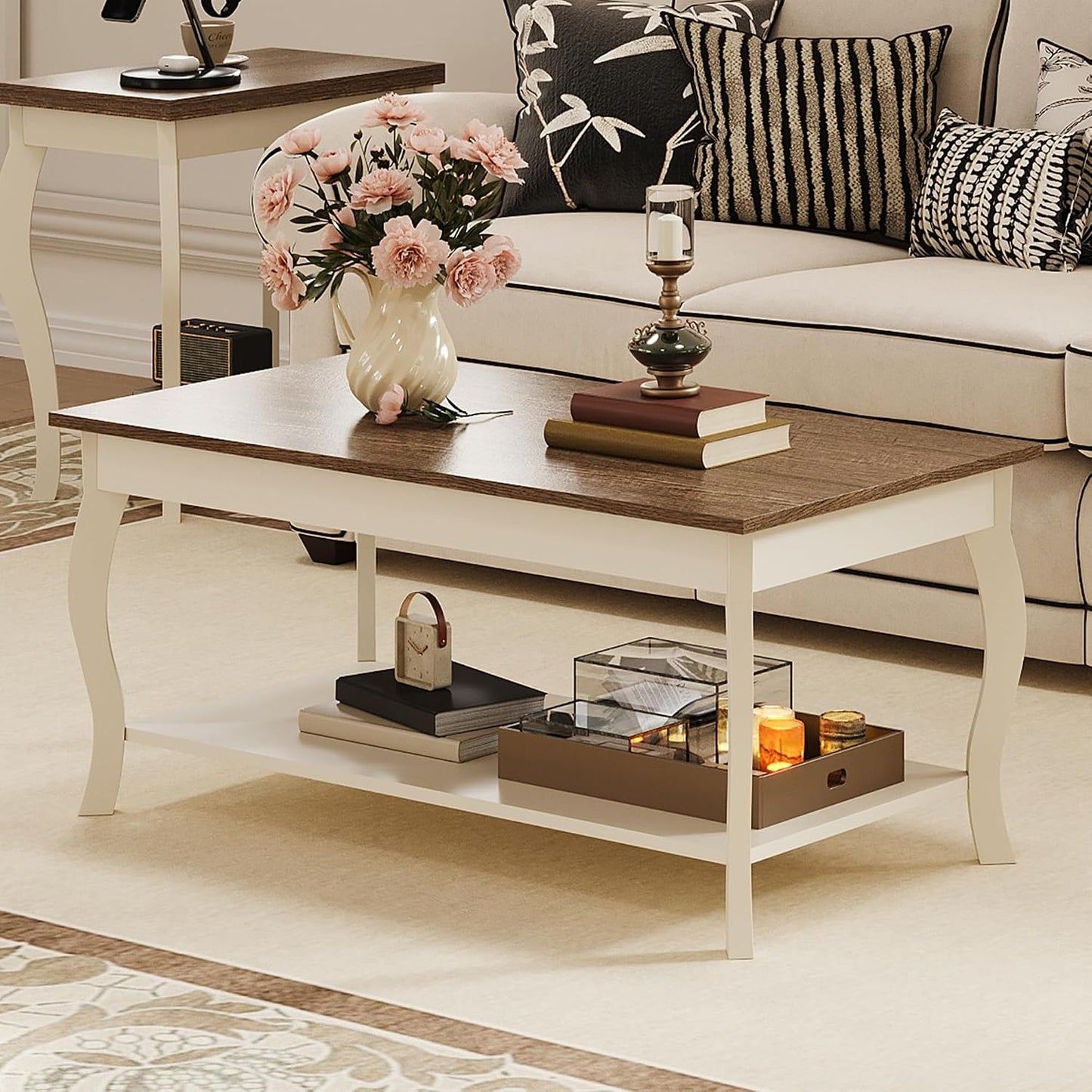 Rustic Farmhouse Coffee Table with 2-Tier Storage Shelf – A-Frame Living Room Center Table
