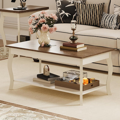 Rustic Farmhouse Coffee Table with 2-Tier Storage Shelf – A-Frame Living Room Center Table