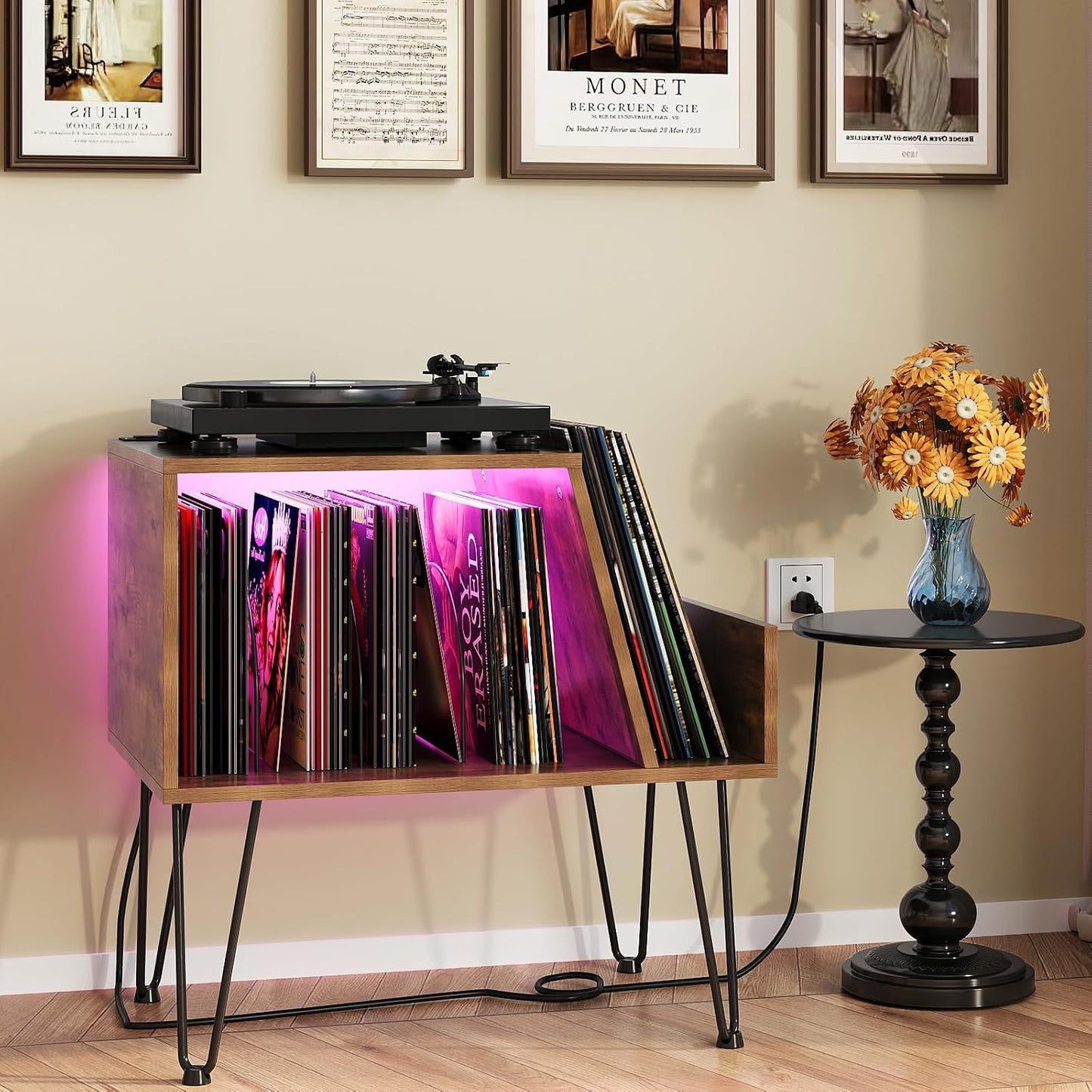 Modern Vinyl Record Player Stand with LED Lighting & Charging Station