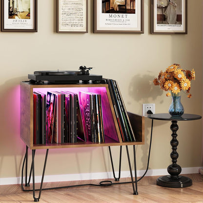 Modern Vinyl Record Player Stand with LED Lighting & Charging Station