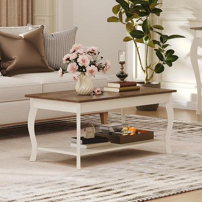 Rustic Farmhouse Coffee Table with 2-Tier Storage Shelf – A-Frame Living Room Center Table