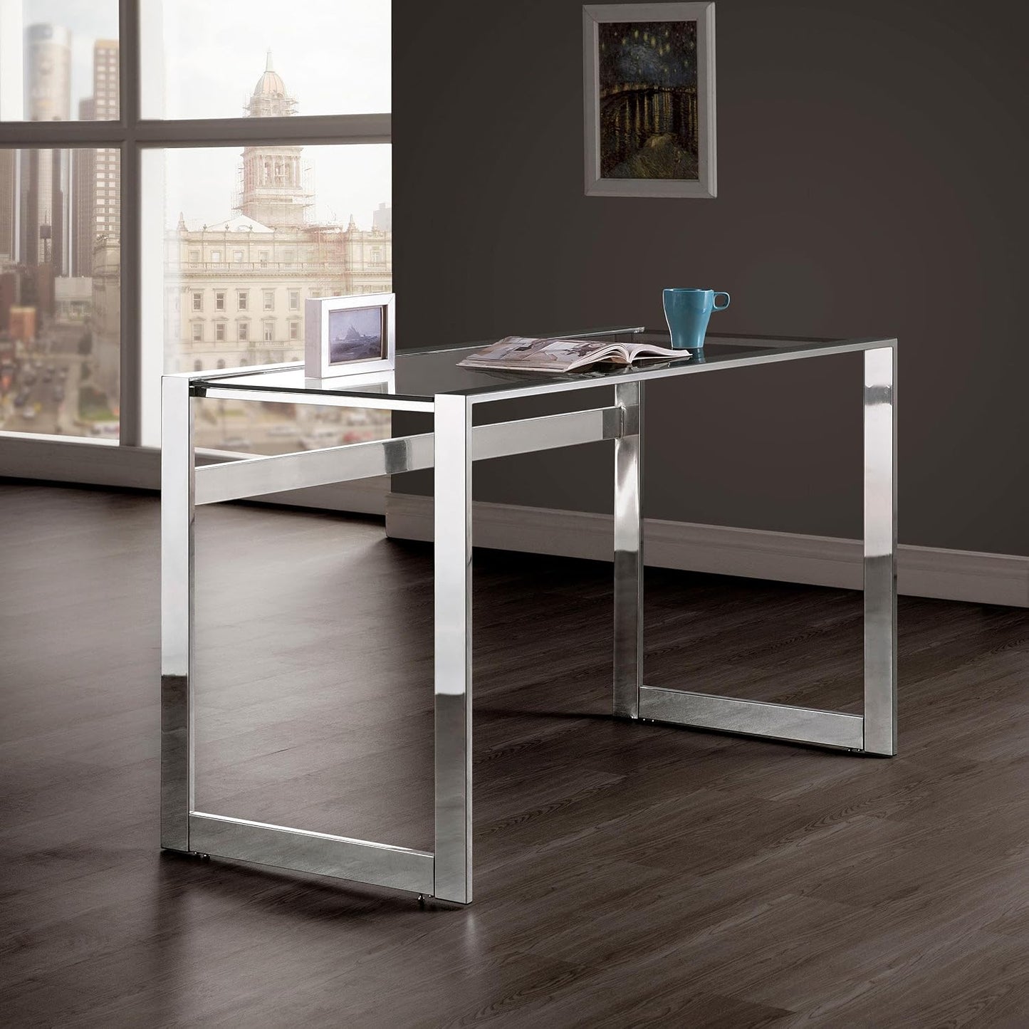 Modern Glass Top Writing Desk – Chrome Metal Frame Home Office Desk