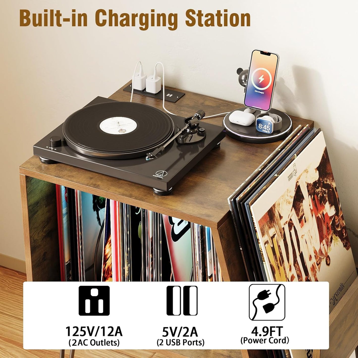 Modern Vinyl Record Player Stand with LED Lighting & Charging Station