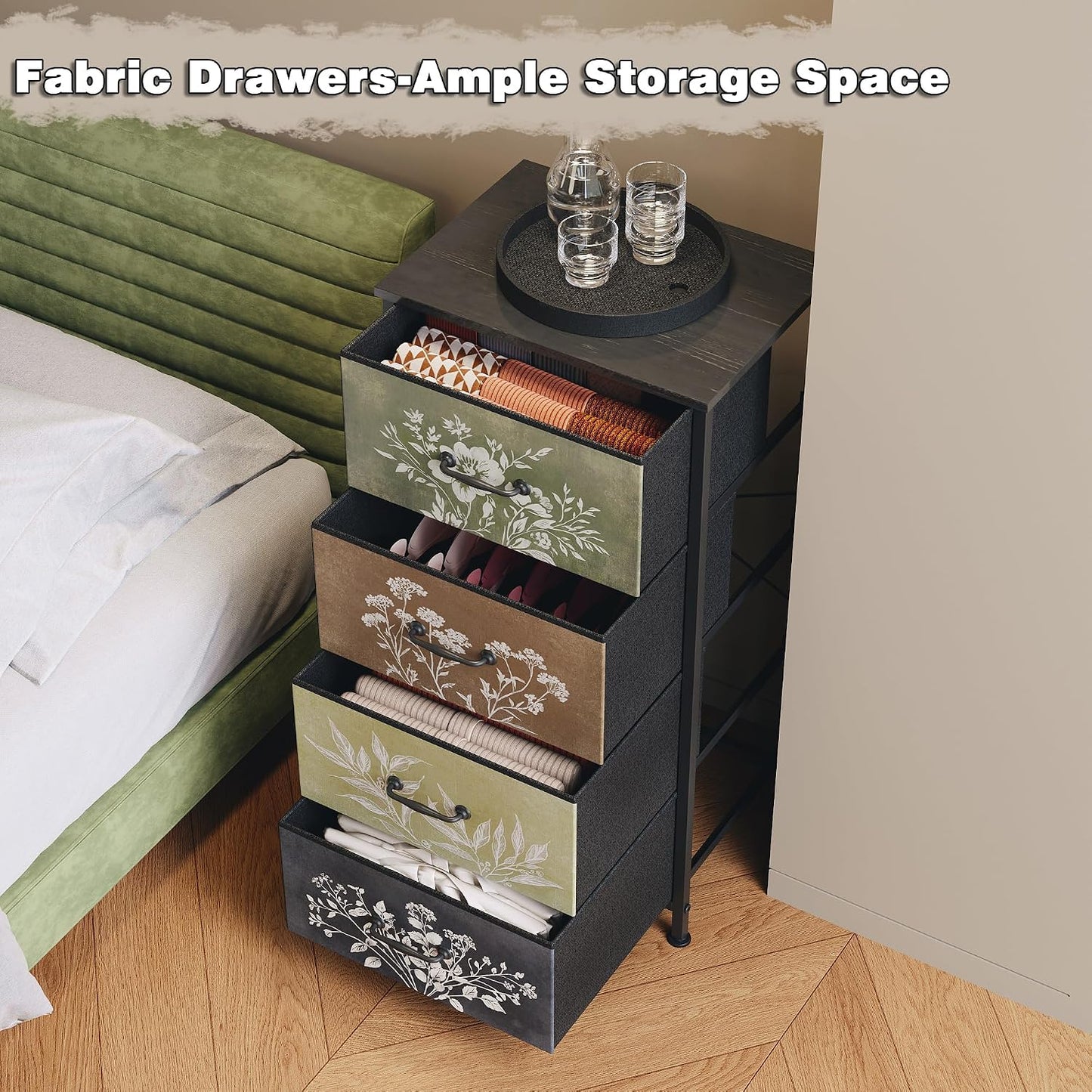 Vintage Botanical Nightstand – Farmhouse Storage Cabinet with Fabric Drawers