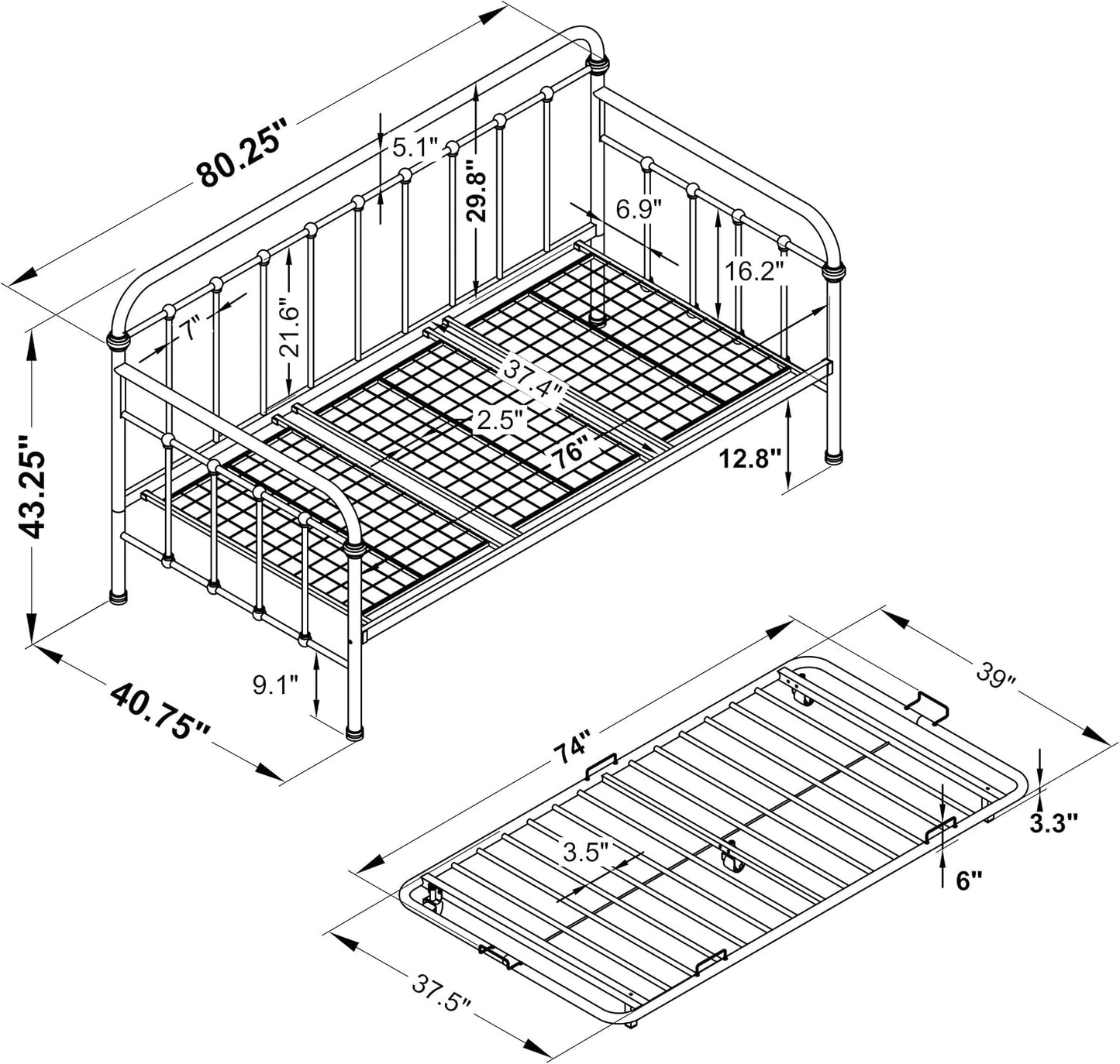 Elegant Metal Twin Daybed with Pull-Out Trundle – Dark Bronze Bed Frame