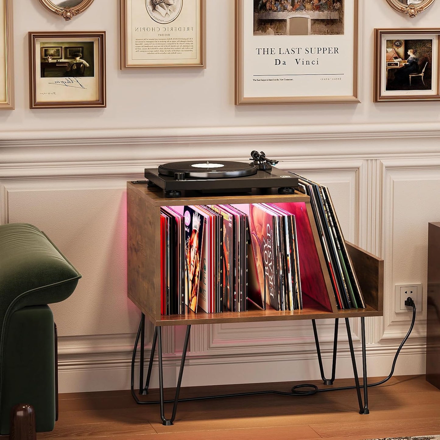Modern Vinyl Record Player Stand with LED Lighting & Charging Station