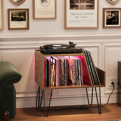 Modern Vinyl Record Player Stand with LED Lighting & Charging Station