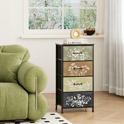 Vintage Botanical Nightstand – Farmhouse Storage Cabinet with Fabric Drawers