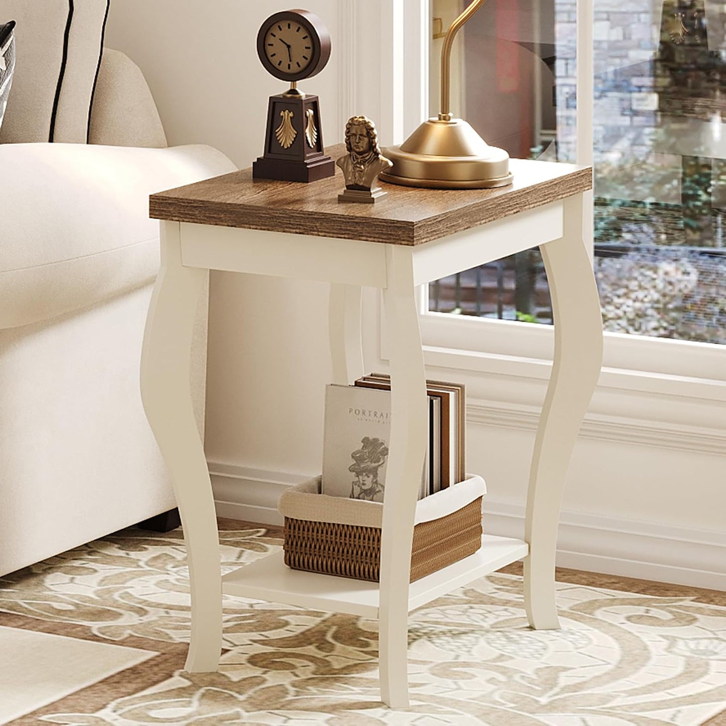 Modern Curved Side Table with Storage – 3-Tier Narrow End Table