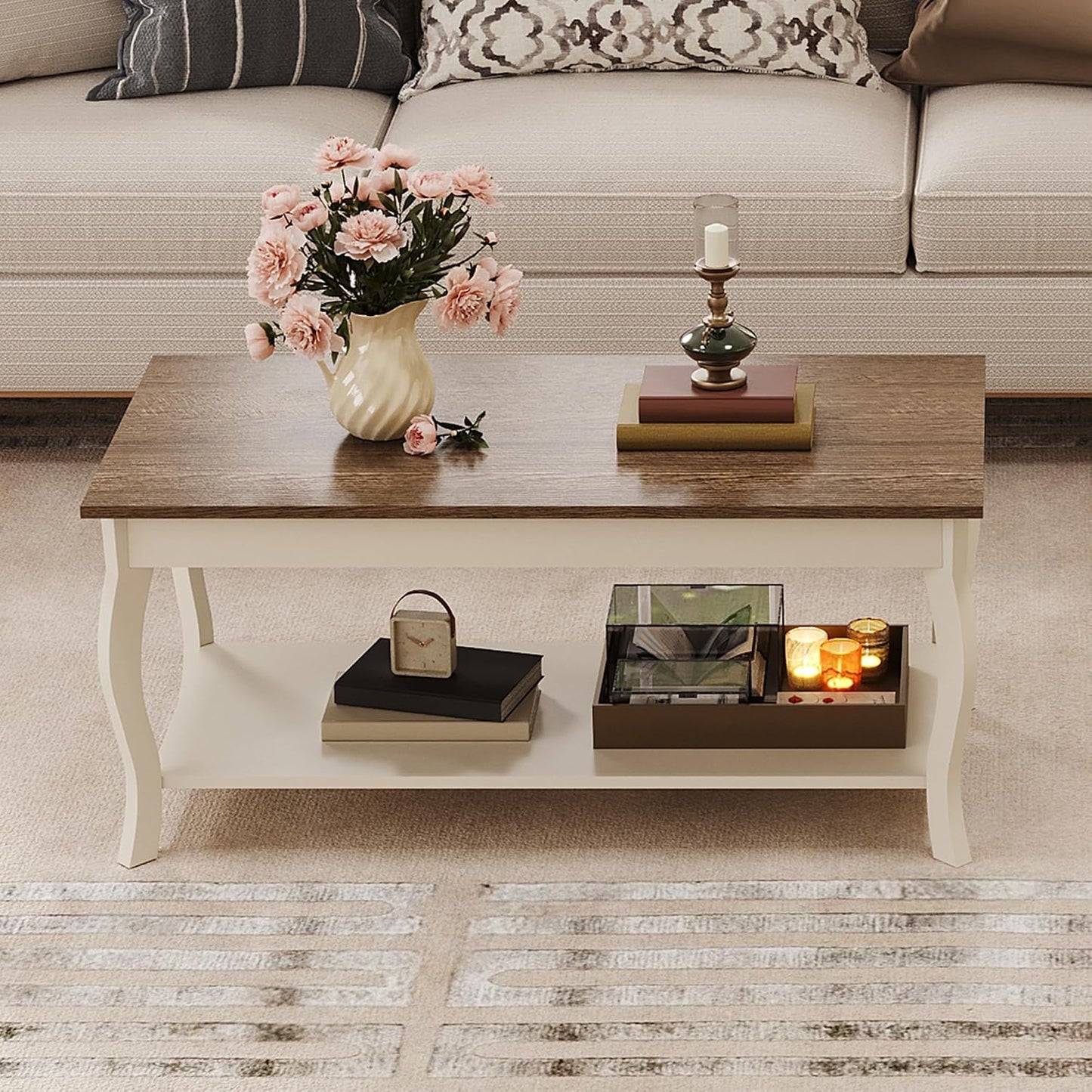 Rustic Farmhouse Coffee Table with 2-Tier Storage Shelf – A-Frame Living Room Center Table