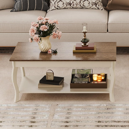 Rustic Farmhouse Coffee Table with 2-Tier Storage Shelf – A-Frame Living Room Center Table
