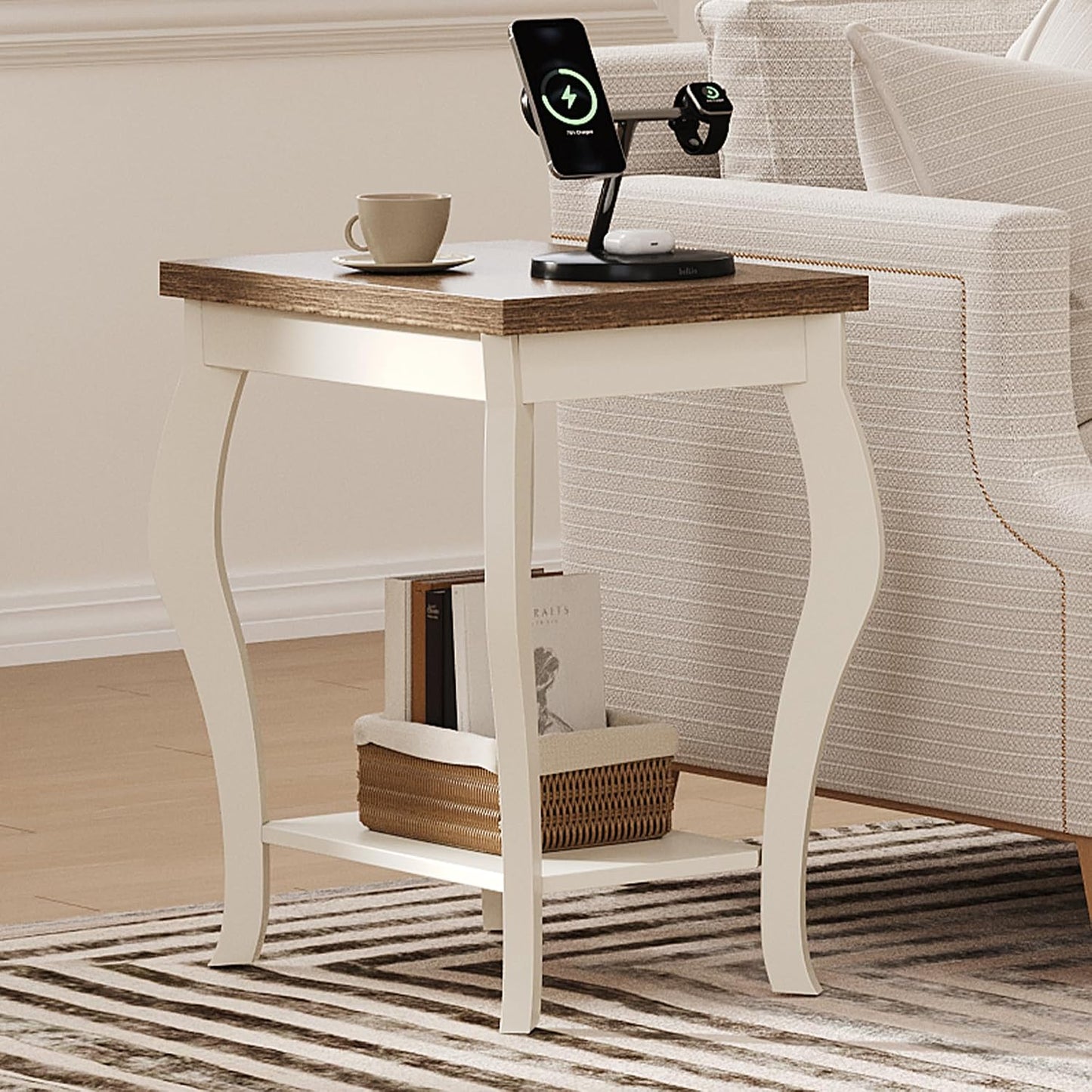 Modern Curved Side Table with Storage – 3-Tier Narrow End Table