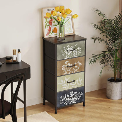 Vintage Botanical Nightstand – Farmhouse Storage Cabinet with Fabric Drawers