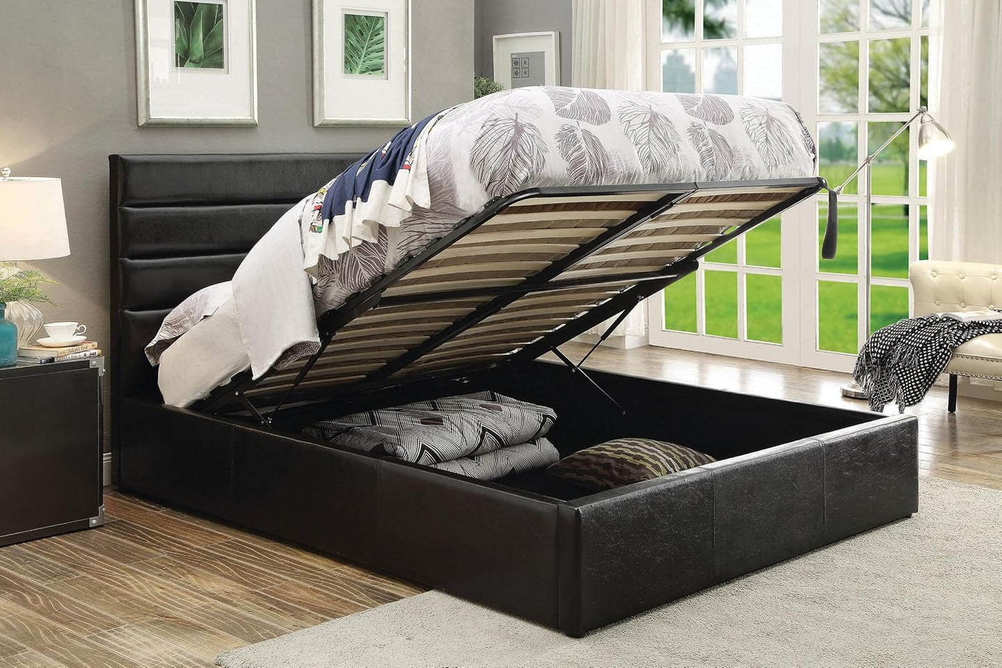 Modern Upholstered Storage Bed – Hydraulic Lift Platform Bed with Channel-Tufted Headboard