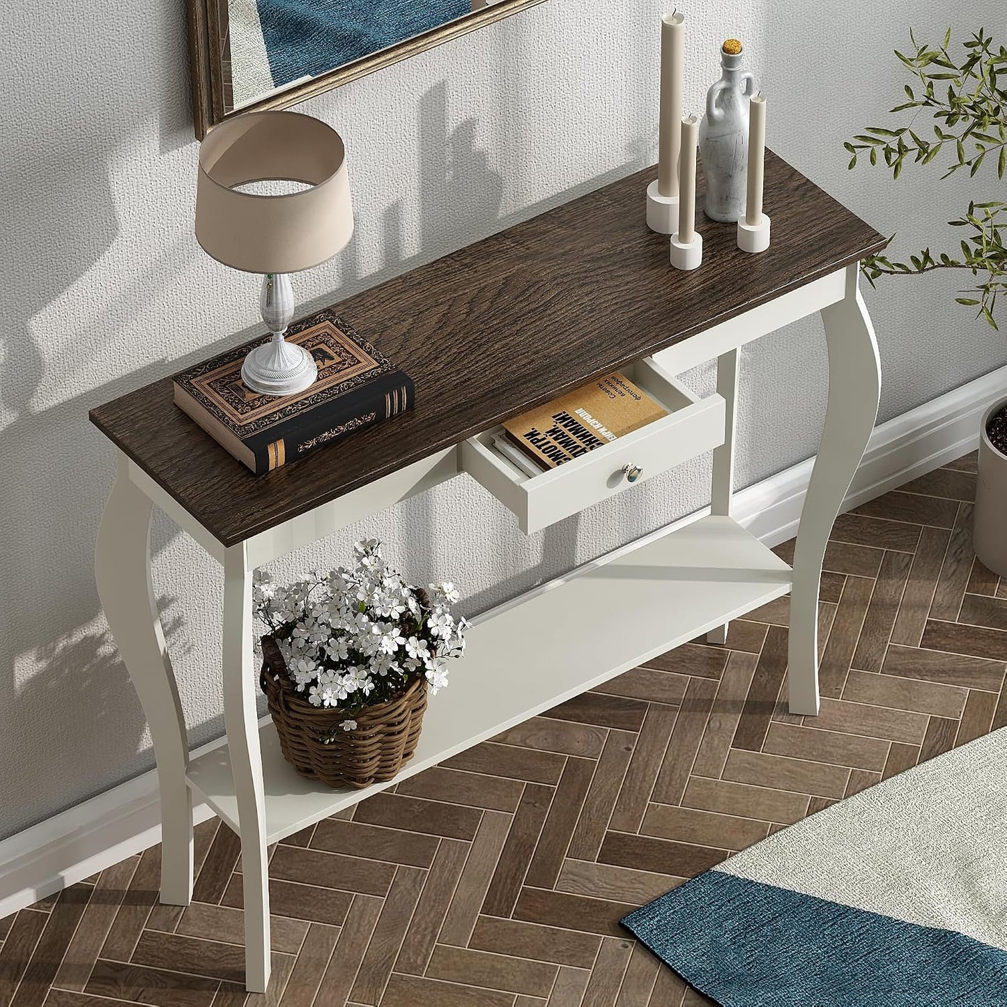 Farmhouse Console Table with Drawer & Lower Shelf – Narrow Entryway Sofa Table