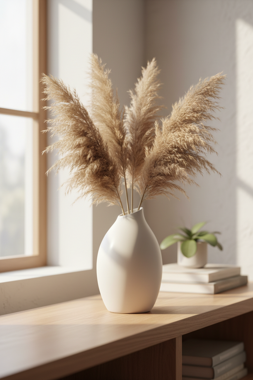Serene Curve Ceramic Vase styled on shelf with pampas grass