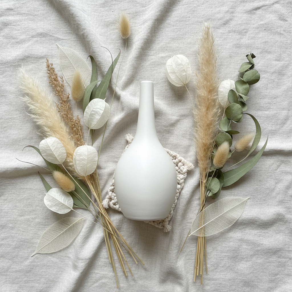 Serene Curve Ceramic Vase flat lay with botanicals
